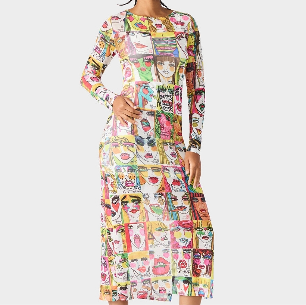 Betsey Johnson Colorful Pop Art Faces Long Sleeve Maxi Dress - Picture 6 of 9